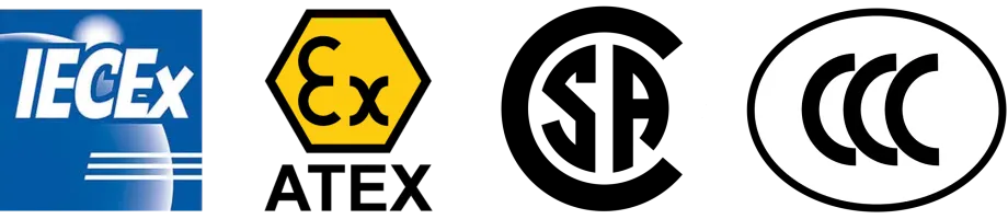此中包含国际 IECEx 认证、欧洲 ATEX 认证、美国 CSA US 认证及中国CCC 认证。